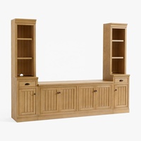 Farmhouse Oak Entertainment Center dengan Pintu Beadboard, Rak TV dengan Lemari Buku & Laci Samping, Konsol Media dengan Perangkat Keras Hitam