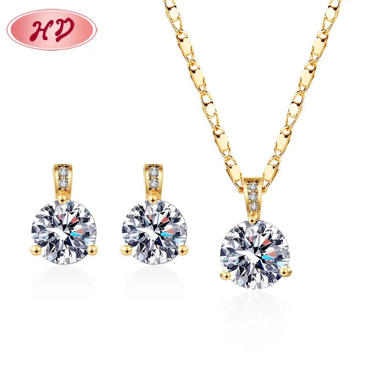 Top Selling jewelry on Amazon 2021 USA Round Cubic Zircon Bridal Necklace Stud Earring Sets 3 Pieces 18k Gold PlatedJewelry Set