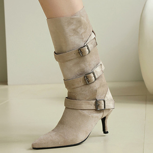 Women Pointed Toe Mid Calf Booties Suede Buckles Half Knee High <b>Boots</b> Wide Fit Big Size 46 High Heels Shoes - Product Image 3