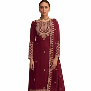 Bollywood inspiré filet lourd tissu O cou broderie 3/4 manches Anarkali Salwar Kameez non cousu tenue de soirée - Product Image 1