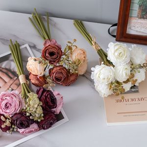 Bouquet de roses artificielles Huaying Weaves, rouge vin, blanc laiteux, violet clair, marron, décorations de mariage faites à la main, style Ins, vert - Product Image 1