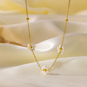 XIXI Handmade <strong>Beaded</strong> Chain Flower Pearl <strong>Necklace</strong> Clavicle Chain Jewelry Bracelet <strong>Necklace</strong> Earrings Set - Product Image 3