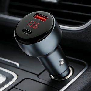 Cargador de coche universal de 12-24V con pantalla LED, doble puerto tipo C, metálico, con adaptador PD de carga rápida. - Product Image 1