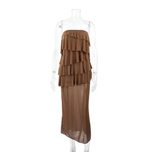 <span class=keywords><strong>Vestido</strong></span> largo irregular de malla con volantes y diseño de patchwork, ajustado, sexy, estilo top tubo para mujer - Product Image 4