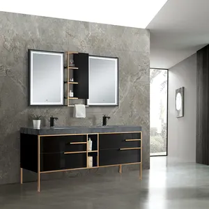 Éviers doubles pieds en acier inoxydable, armoires de salle de bains au Design moderne en bois
