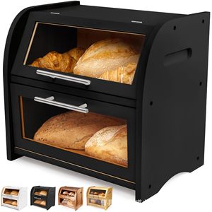 Boîte à pain en bois Dingyun à double couche avec porte en acrylique, conteneur de rangement pour pain et pâtisseries, usage en cuisine - Product Image 1