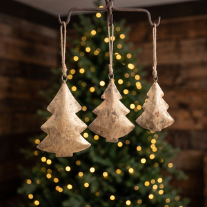Rustic Brass Christmas Tree Ornaments <b>Gold</b> Leafed Die Cast Metal Hanging Decor Traditional Holiday Theme - Product Image 2