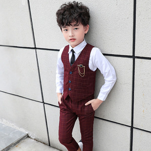 키즈 격자 무늬 조끼 조끼 조끼 웨딩 세트 유아 정장 원피스 세트 아동 브로치 셔츠 바지 아기 신사 복장 소년 옷 - Product Image 4