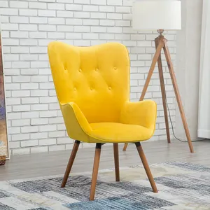 Cadeira de acento único para sala de estar, com encosto alto, botão tufado de veludo, cadeira com pernas de madeira