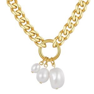 High Quality 18K Gold Plated Stainless Steel Jewelry Natural <strong>Pearl</strong> <strong>Pendant</strong> Thick Cuban Chain <strong>Necklaces</strong> P213208 - Product Image 2