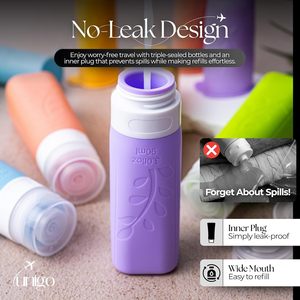 Botellas de Viaje Unigo a Prueba de Fugas, Paquete de 5, 3 oz, Aprobadas por la TSA, Recipientes para Artículos de Tocador, Libres de BPA, Recargables, Color Morado - Product Image 3