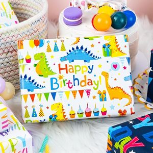 Papel de regalo de papel estucado con diseño de dinosaurios coloridos y lindos para cumpleaños infantiles - Product Image 3
