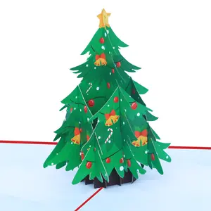 Xinduo cartões de Natal tridimensionais com estampa colorida, cartão pop-up de árvore verde para feriados