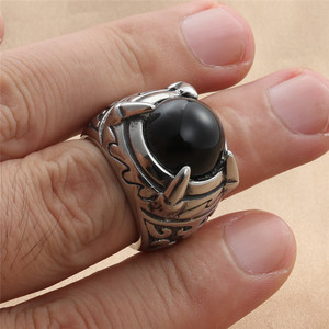 European American Style <b>Titanium</b> Steel Dragon Claw Stone <b>Ring</b> Silver Black Stone Retro Punk Men's Jewelry Party Wear - Product Image 3