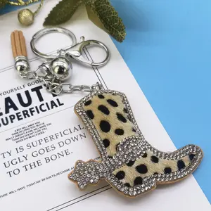 Llavero personalizado de cuero con borlas y cabeza de toro, cristal, Cowgirl occidental, leopardo, caballo, bota de pelo