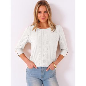 Chemisier à œillets pour femmes, manches 3/4 avec boutons, haut décontracté, chemise en popeline respirante, printemps-été, à porter au quotidien - Product Image 3