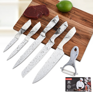 Ensemble de couteau et de serveur à gâteau en forme de gourde blanche avec manche marbré, points noirs, cuisine en acier inoxydable, ensemble de cinq couteaux de chef - Product Image 2