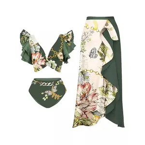 Set Bikini dua potong mode pakaian renang trendi Tankini motif bunga Vintage dengan rok pinggiran bungkus pantai wanita