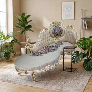 Juego de Sofás de Madera de Teca Hechos a Mano en Color Blanco Dorado Antiguo, Estilo Europeo, Modular, de Madera Sólida para Sala de Estar, con Relleno de Espuma - Product Image 4