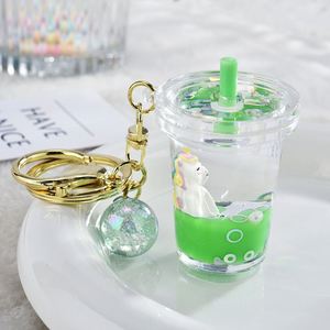 Cartoon Cute Unicorn Keychain Milk Tea Cup Liquid Quicksand Sequin Keyring Charm Bag Car Pendant <b>Key</b> <b>Chain</b> for Women Men Kids - Product Image 2
