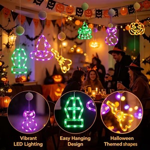 Luces LED de cadena con patrón de calabaza, gato y castillo de Halloween, luz blanca cálida para ventana, luces colgantes para decoración de fiestas - Product Image 5