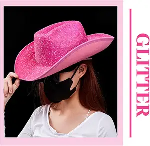 Desain baru topi koboi Glitter topi Cowgirl barat lebar kostum Bling topi matahari koboi untuk wanita pria pesta pantai