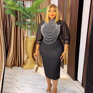 Robe en dentelle à demi-manches pour femmes, mode européenne et américaine, <span class=keywords><strong>grande</strong></span> <span class=keywords><strong>taille</strong></span> africaine, <span class=keywords><strong>jupe</strong></span> <span class=keywords><strong>longue</strong></span> permanente - Product Image 3