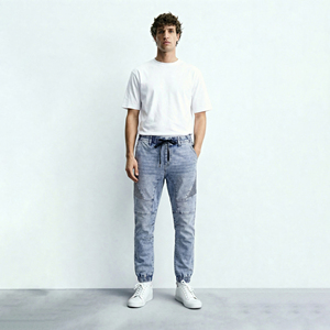 <span class=keywords><strong>Jeans</strong></span> da Uomo Slim Fit in Denim Effetto Acido Stile Moto Streetwear Vintage Blu con Elastico in Vita e Coulisse 2026 - Product Image 2
