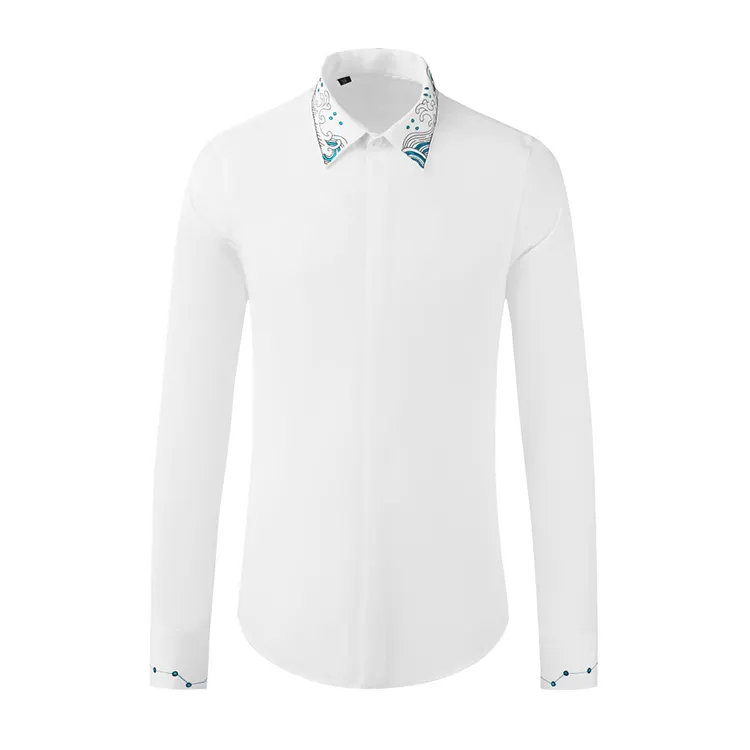 कस्टम कढ़ाई ब्रांडेड Parttrn आकस्मिक 100% कपास आदमी पहनने कपड़े पूर्ण आस्तीन खाली सफेद शर्ट