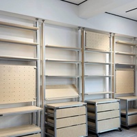 Système d'étagères modulaires en profilés d'aluminium de style industriel, autoportant, mural, réglable, avec tiroirs et éclairage LED