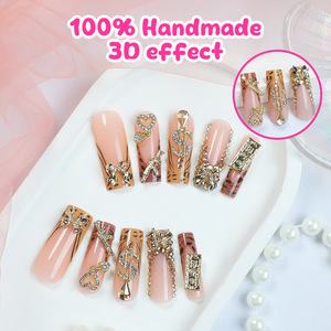 24 Uñas Postizas de Leopardo con Diamantes de Imitación Dorados, Desmontables, de Cobertura Completa, Brillantes, Formato Ataúd para Mujer - Product Image 2