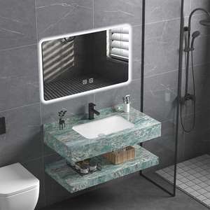 Meuble-lavabo mural moderne avec double vasque intégrée en marbre <span class=keywords><strong>et</strong></span> miroir LED pour petite <span class=keywords><strong>salle</strong></span> <span class=keywords><strong>de</strong></span> <span class=keywords><strong>bain</strong></span> - Product Image 1