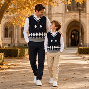 <span class=keywords><strong>Gilet</strong></span> en tricot Argyle pour enfants, col en V, 100% coton, uniforme scolaire, style Dark Academia, garçons, filles, unisexe, 110-190, OEM personnalisé - Product Image 3