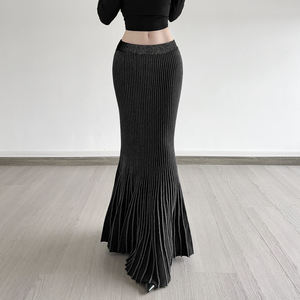 Falda larga retro de punto con costuras en contraste, estilo gótico oscuro, corte sirena, cintura alta y ajuste ceñido para mujer - Product Image 3