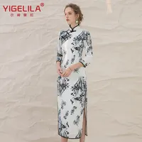 YIGELILA 2021 중국 스타일 식물 인쇄 봄 가을 여성 드레스 Chinoiserie 밑단 슬릿 ladie의 cheongsam 드레스 의류
