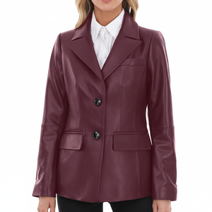 Veste en cuir d'agneau à manches longues pour femmes, blazer chaud à boutons avec revers cranté et détail d'aération Style décontracté - Product Image 1