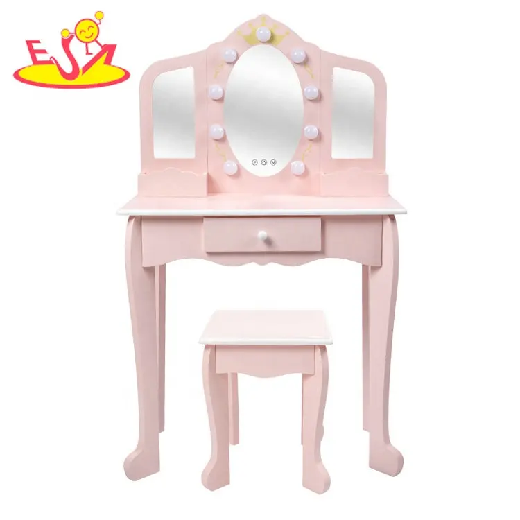 Mesa de maquillaje de madera rosa para niñas, espejo LED, W08H193