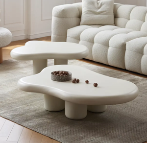 Juego de Mesa de Centro Moderno para el Hogar, Diseño de Mesa de Centro Ondulada de Fibra de Vidrio en Color Blanco Crema para Sala de Estar - Product Image 1