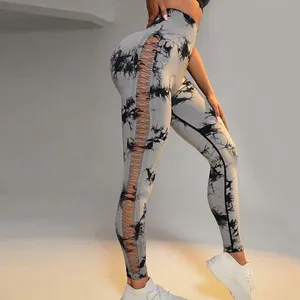 Custom Logo Activewear Yoga Pants Workout Tights High Waist Women Tie Dye Hollow Out Seamless Scrunch Butt Leggings For Women
