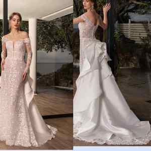 Robes de mariée sirène africaines personnalisées 2024 dentelle amovible traînant blanc Beige robe de mariée en tulle Vestidos De Novia - Product Image 1