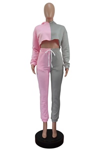 King Young Hot sales Design Anti-pillola Cutie due toniche in pile Colorblock abbinate Top con cappuccio corto e Joggers Set abbigliamento attivo - Product Image 4