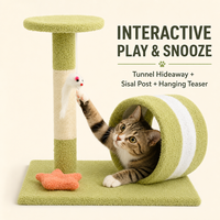 Arbre à chat moderne en bois avec tunnel, griffoir, plateforme ronde et jouets suspendus pour chats d'intérieur, vente en gros OEM/ODM