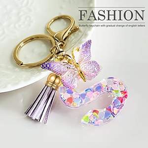 Llaveros con Iniciales para Mujer, Borla de Mariposa Rosa y Morada, Lindo Llavero para Coche, Cartera, Mochila, Colgante para Bolso - Product Image 3