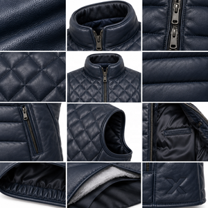 Gilets en cuir matelassés et isolés pour hommes, respirants, avec garniture en fourrure |   Gris Noir Bourgogne Marron Bleu |   Fabricant OEM ODM | - Product Image 4