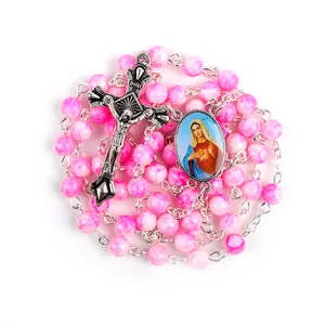 Glass Beads Rosary Necklace Virgen Mary Jude Guadalupe Catholic Saints Color Picture Rosary Centerpieces