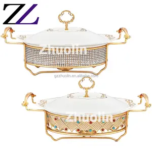 Gold bead oval porcelain cover chafing dish set with gold wire rack for wedding party ceramic hot pot food warmer buffet server