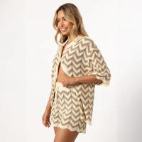 Ensemble deux pièces décontracté pour femme, tricoté, coupe ample, pour l'été, avec short de plage à rayures ondulées et cardigan boutonné