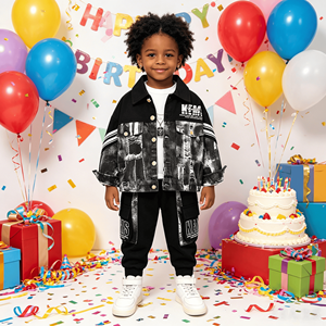 Veste en jean à imprimé graffiti pour garçons, t-shirt à manches longues à col rond uni, pantalon de jogging avec patch lettres, <span class=keywords><strong>tenue</strong></span> décontractée streetwear <span class=keywords><strong>hip</strong></span>-<span class=keywords><strong>hop</strong></span> - Product Image 1