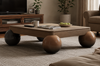 Table basse contemporaine à plateau en marbre arrondi, structure en bois robuste, design moderne et luxueux, mobilier de salon écologique, spacieuse