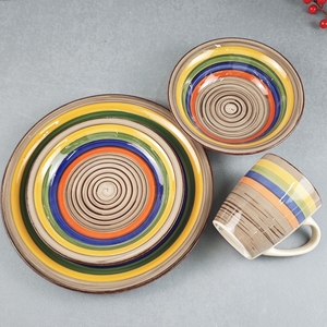 Prix promotionnel d'usine Vaisselle pas chère 16 pièces Service de vaisselle en céramique Ensemble de vaisselle en poterie peinte à la main brute - Product Image 6